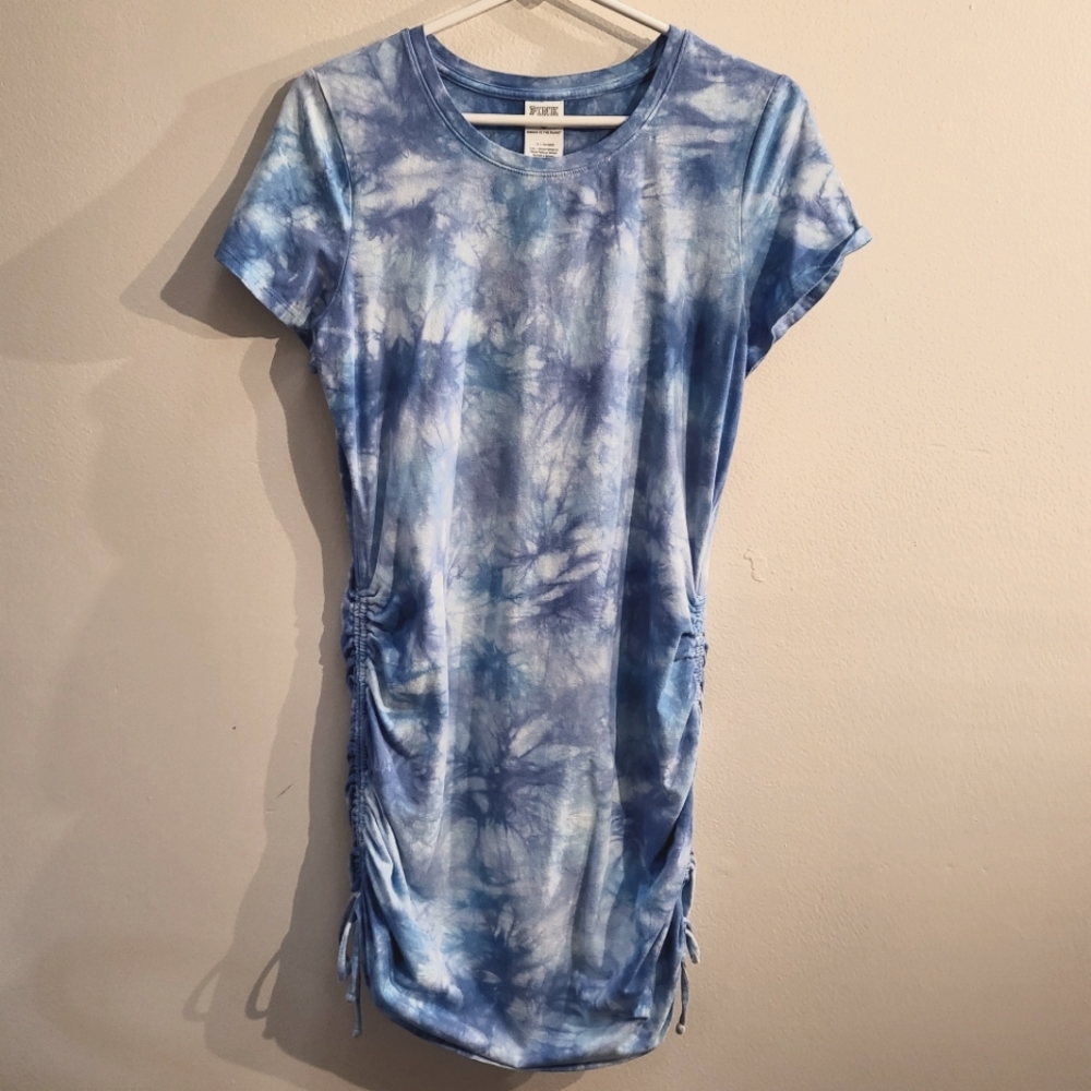 Pink Victoria Secret Women's Blue Tie-Dye Ruched side Dress. size Large